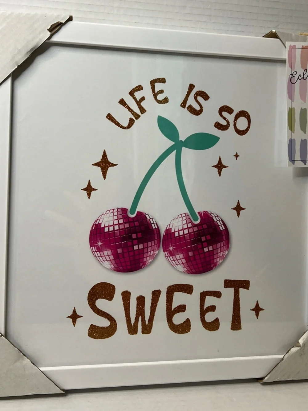 Eclectic Art Glitter Life Is So Sweet Pink Cherry Disco BallWall Art New
